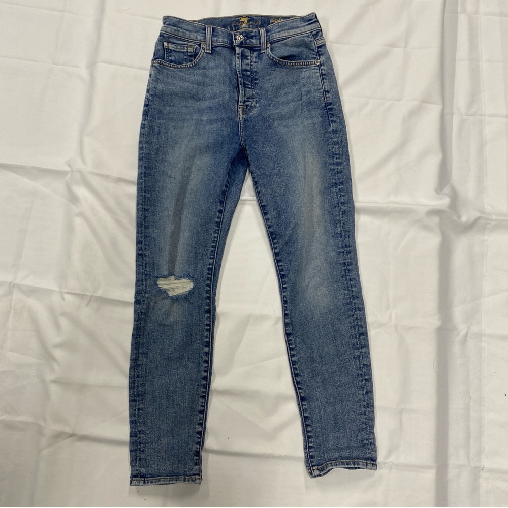 7 For All Mankind Blue Distressed High-Rise Skinny Jeans